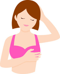 Woman holding her breast. Breast cancer awareness month concept. Cartoon character design. Vector ilustration.
