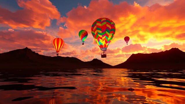 Bunch of colorful air balloons floating above the water during beautiful sunset.