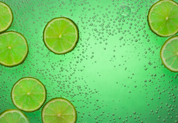 lime slices in water with bubbles on a green background. fresh cold lemonade