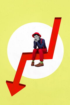Creative retro 3d magazine image of stressed depressed mini guy sitting huge down arrow isolated painting background