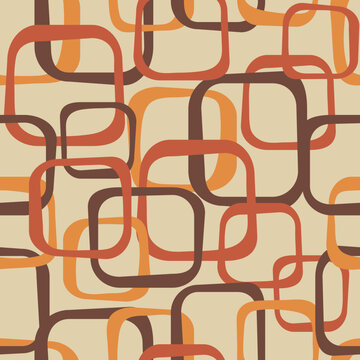 An abstract seamless pattern in retro style, 70s wallpaper background with funky squares red, orange, brown, and beige
