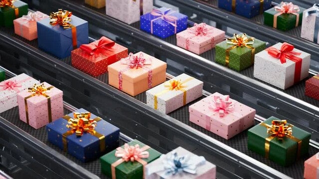 Countless colourful gift boxes on a conveyor belt in the factory seamless loop.