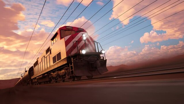 Old train locomotive dragging cargo through the valley during sunrise timelapse.