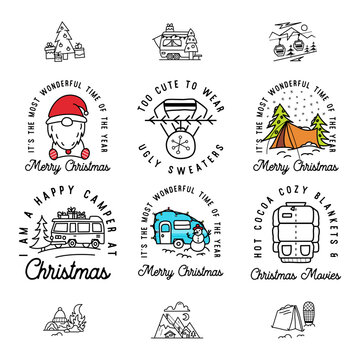 Camping and hiking christmas badges set in line art style. Travel t shirt graphics with winter landscape, holidays elements. Stock vector logo with quotes - hot cocoa cozy blankets Christmas movies