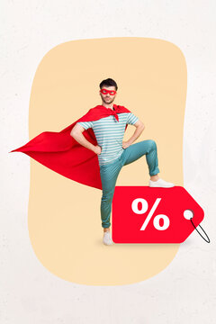 Artwork magazine picture of confident strong guy wear red cape showing sale percentage isolated drawing background