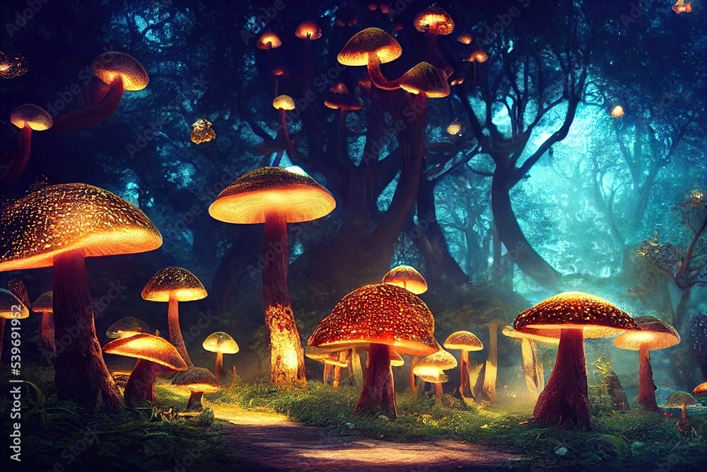 Wall mural Surreal fantasy land with large forest full of all sizes mushrooms. Beautiful magical fairy tale enchanted forest. Surreal, abstract, highly detailed, lifelike, 3d illustration, digital painting.