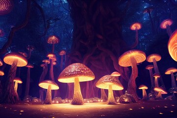 Surreal fantasy land with large forest full of all sizes mushrooms. Beautiful magical fairy tale enchanted forest. Surreal, abstract, highly detailed, lifelike, 3d illustration, digital painting.