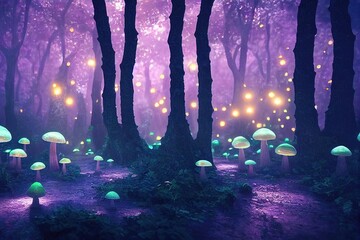 Surreal fantasy land with large forest full of all sizes mushrooms. Beautiful magical fairy tale enchanted forest. Surreal, abstract, highly detailed, lifelike, 3d illustration, digital painting.