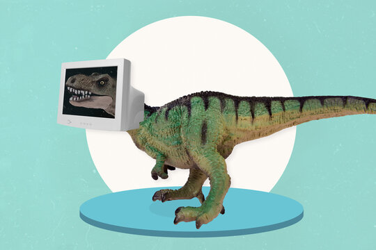 Exclusive magazine picture sketch image of scary t-rex wear head olschool monitor isolated painting background