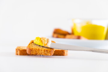 Slice of bread with fresh hummus dip