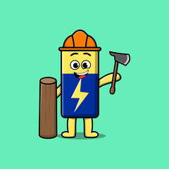 Cute cartoon Battery as carpenter character with ax and wood in flat modern style