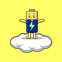 Cute cartoon Battery character standing in cloud vector illustration
