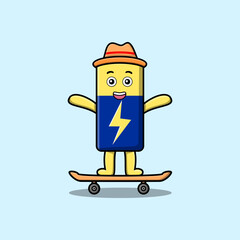 cute cartoon Battery standing on skateboard with cartoon vector illustration style