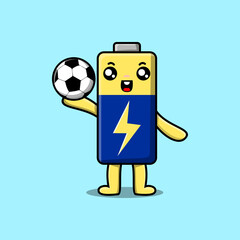 Cute cartoon Battery character playing football in flat cartoon style illustration