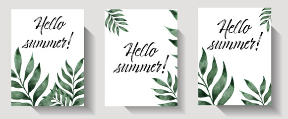 Set of posters Hello summer with palm leaves on white. Summer poster. Lettering summer season for greeting card, invitation template