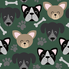 Seamless dog pattern, Dog faces repeat design, Cute cartoon dog wallpaper, Dog Breeds Head background, Pawprint and bones, Cute Dog Face Design