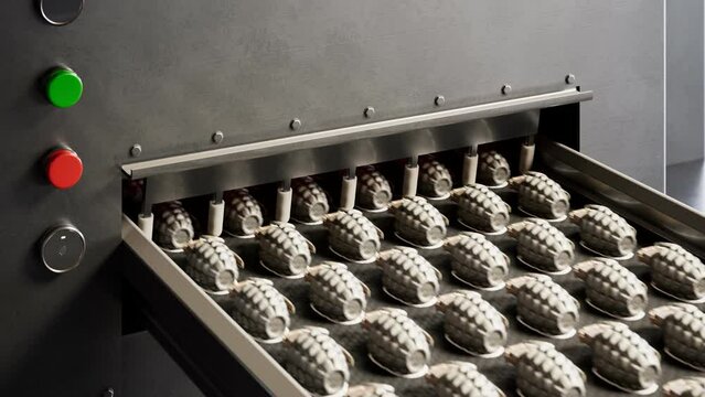 Conveyor belt full of stacked manufactured grenades. Weapon production in a loop