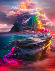 Mystery landscape with rainbow and clouds vertical picture in abstract style. Fantasy island scenery. NFT art. illustration created by neural network. Video Game's digital background in abstractionism