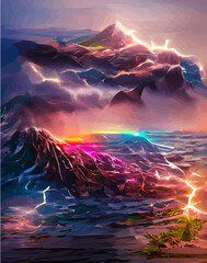 Mystery landscape with rainbow and clouds vertical picture in abstract style. Fantasy island scenery. NFT art. illustration created by neural network. Video Game's digital background in abstractionism