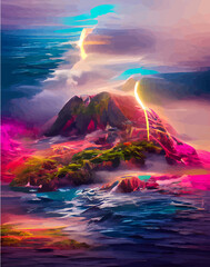 Mystery landscape with rainbow and clouds vertical picture in abstract style. Fantasy island scenery. NFT art. illustration created by neural network. Video Game's digital background in abstractionism