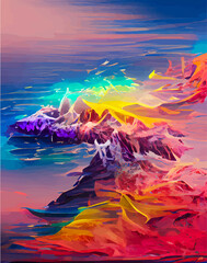 Mystery landscape with rainbow and clouds vertical picture in abstract style. Fantasy island scenery. NFT art. illustration created by neural network. Video Game's digital background in abstractionism