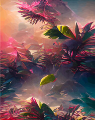 Tropical leaves in abstract style. pictures tropical abstraction. Landscape vertical picture in abstract style. NFT art. illustration created by neural network. Video Game's Digital background