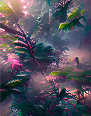 Tropical leaves in abstract style. pictures tropical abstraction. Landscape vertical picture in abstract style. NFT art. illustration created by neural network. Video Game's Digital background