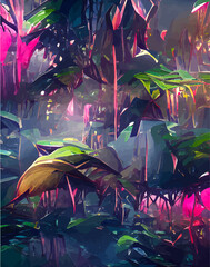 Tropical leaves in abstract style. pictures tropical abstraction. Landscape vertical picture in abstract style. NFT art. illustration created by neural network. Video Game's Digital background