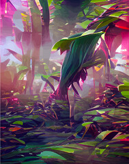 Tropical leaves in abstract style. pictures tropical abstraction. Landscape vertical picture in abstract style. NFT art. illustration created by neural network. Video Game's Digital background