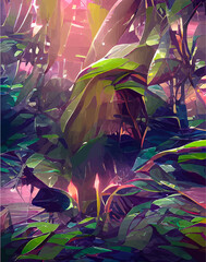 Tropical leaves in abstract style. pictures tropical abstraction. Landscape vertical picture in abstract style. NFT art. illustration created by neural network. Video Game's Digital background