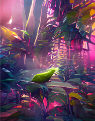 Tropical leaves in abstract style. pictures tropical abstraction. Landscape vertical picture in abstract style. NFT art. illustration created by neural network. Video Game's Digital background