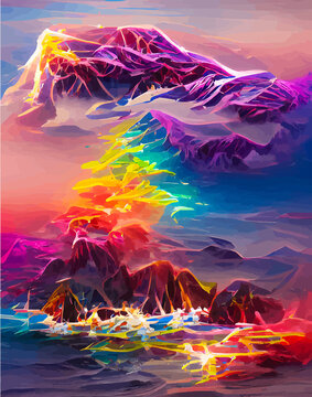 Mystery landscape with rainbow and clouds vertical picture in abstract style. Fantasy island scenery. NFT art. illustration created by neural network. Video Game's digital background in abstractionism
