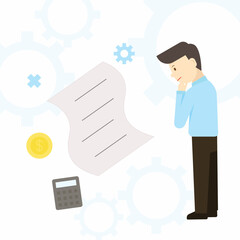 Fototapeta na wymiar Businessman looking at data document while elements are around. Vector Illustration