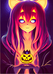 Red-haired halloween girl vertical drawing in anime style. Witch girl drawing and pumpkin for Halloween. NFT art. illustration created by neural network. young girl with flowing red hair drawing art