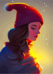 Portrait of winter girl face for cover print. Drawing illustration of woman in winter style illustration. Illustration of a portrait of a girl&rsquo;s face in a cap. illustration girl painting digital art