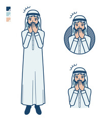 白い衣装を着たアラビア人男性が口をおさえて驚いているイラスト