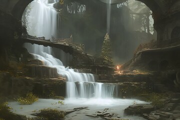 fantasy waterfall in the mountains illustration