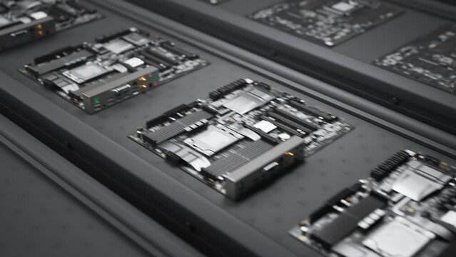 Computer motherboards with CPUs and RAM slots arranged in rows