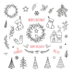 Christmas and New Year set of drawings. Snowflakes, Christmas trees, birds, mistletoe, holly, branches. For decoration of gifts, paper, patterns, t-shirts, mugs.
