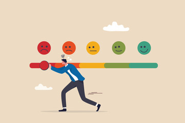 Dissatisfaction, dislike or negative feedback, angry customer or dissatisfied employee, angry review, disappointment rating or complaint concept, man pushing rating bar to dissatisfaction level. - obrazy, fototapety, plakaty