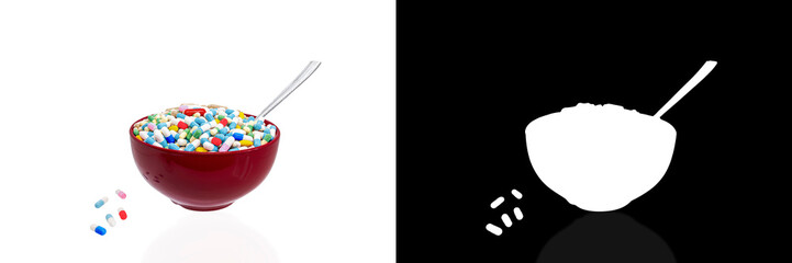 Bowl of capsules and pills with a spoon as concept of overmedication isolated on white background with clipping mask and path