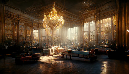 AI generated image of a palatial ornate vintage grand ballroom in Europe  - obrazy, fototapety, plakaty