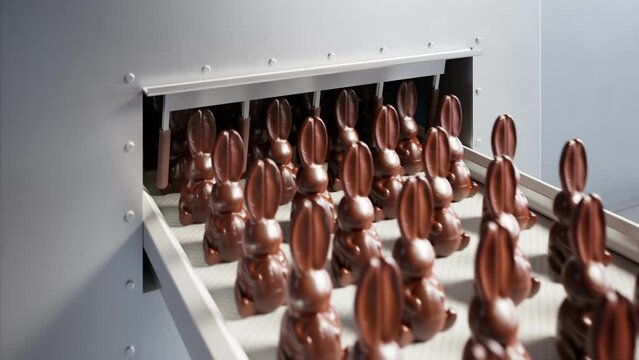 Conveyor belt with chocolate easter bunnies. Production line of sweet dessert.