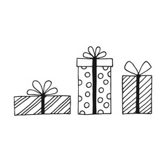 Set with gift box with different bows. Hand drawn vector illustration.