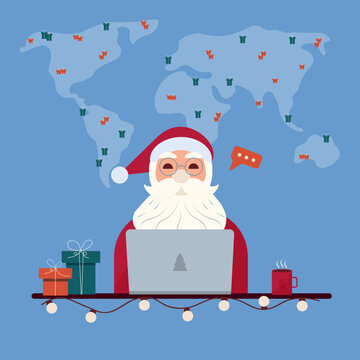 Santa Claus with Laptop, gift boxes, hot tea, world map. Merry Christmas Card 