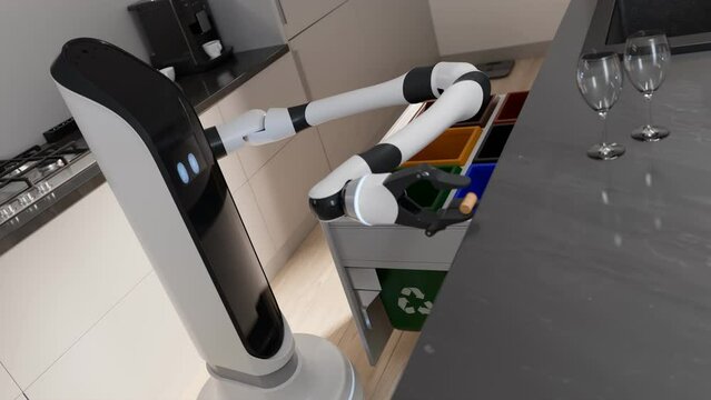 Automated kitchen robot arm helping with chores. Futuristic home assistant.