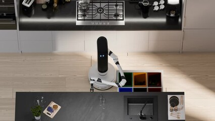 Automated kitchen robot arm helping with chores. Futuristic home assistant.