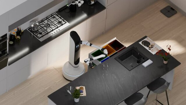 Automated kitchen robot arm helping with chores. Futuristic home assistant.
