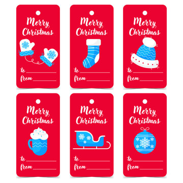 Label For Christmas Gift To Hang On A Present Box With The Name Of The Recipient And Sender Of The Gift. Vector Christmas Gift Tags Collection With Winter Decoration For Happy Holidays Celebration.