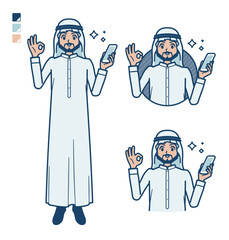 白い衣装を着たアラビア人男性がスマートフォンを持ちOKサインをしているイラスト